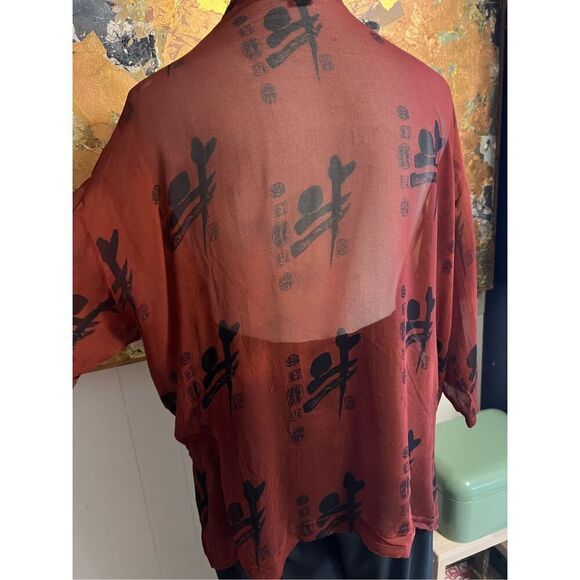 Vintage 80s Banjara Kimono 100% Silk Short-sleeved Rust Asian Geisha Topper One - Picture 3 of 5